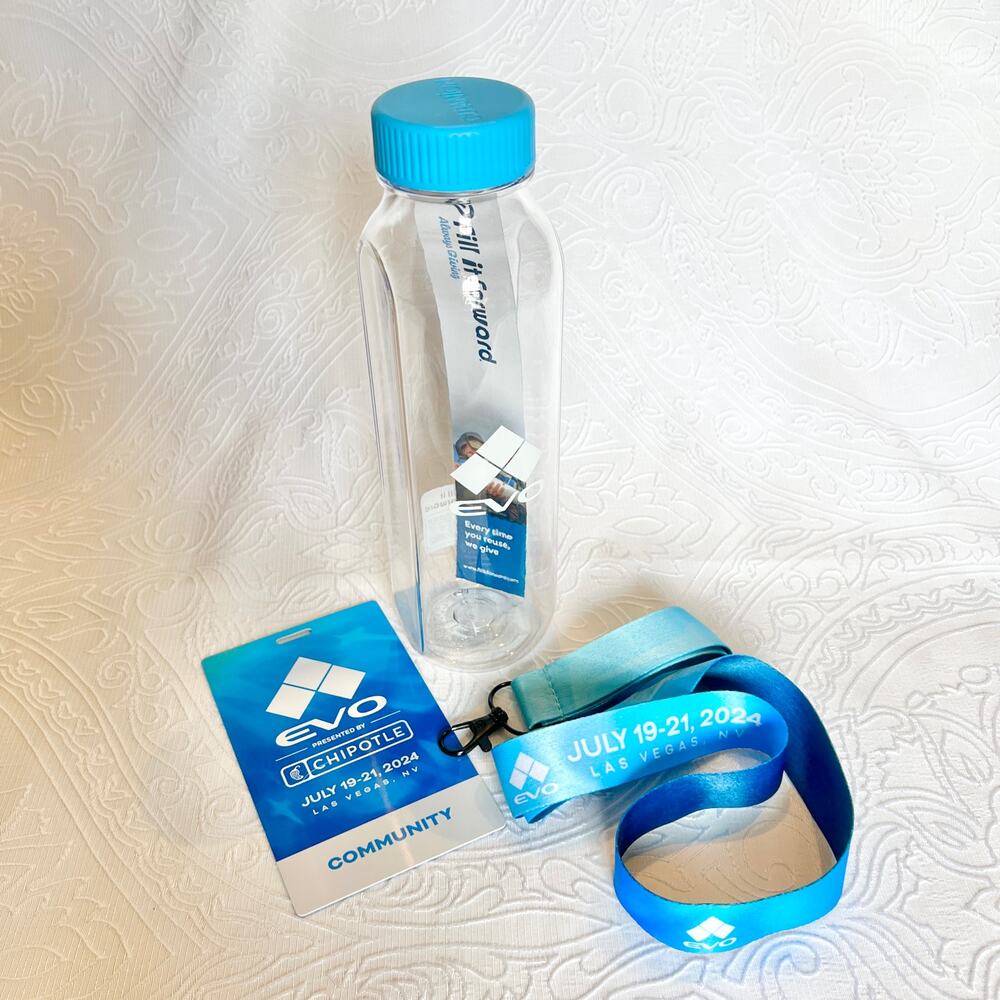 EVO Las Vegas Fighting Game Tournament 2024 Bottle Lanyard and Badge Blue White